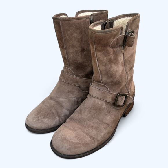 UGG Australia Chaney Brown Moto Engineer Boots Shearling Lined Suede Women's 8.5 - Picture 15 of 15